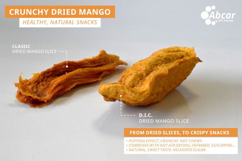 Dried mango slices, puffed with D.I.C. for a crispy, crunchy snack texture.